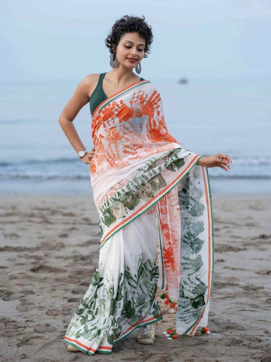 Handprint Tricolor Cotton Saree – Artistic Republic Day Edition-28485361729617