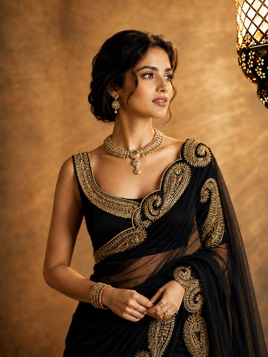 Bollywood Inspired Soft Rangoli Silk Black Saree with Beautiful Zari Embroidery-71851293442129
