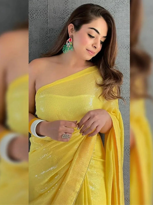 Bollywood Inspired Georgette Yellow Sequins Saree-70430186242129