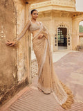 Bollywood Inspired Golden Honeycomb Pattern Net Saree with Tassel Border