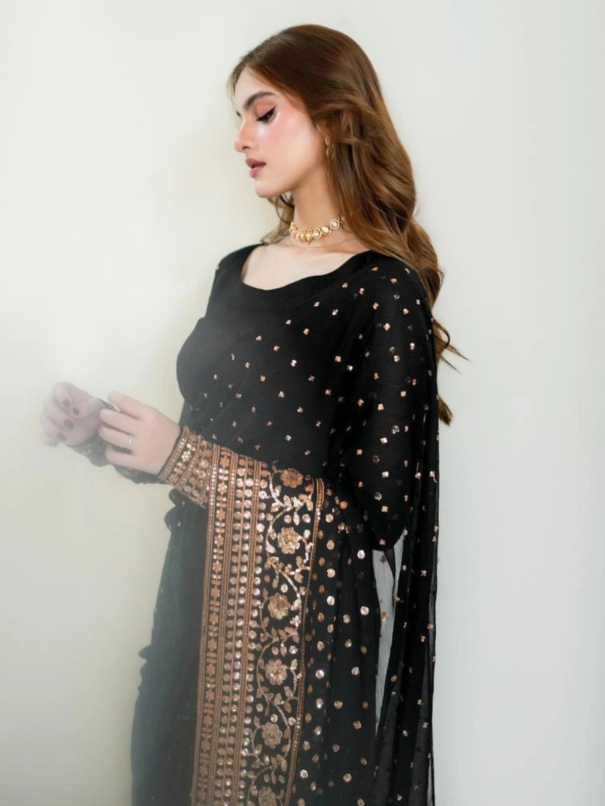 Bollywood Inspired Soft Georgette Black and Copper Gold Saree with Beautiful Sequins Work-70392746311761