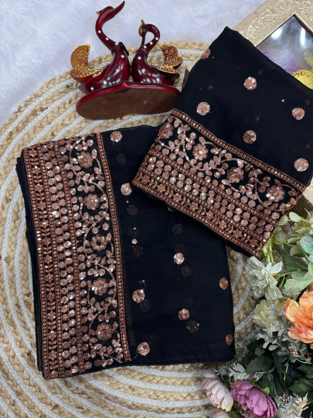 Bollywood Inspired Soft Georgette Black and Copper Gold Saree with Beautiful Sequins Work-70392746344529