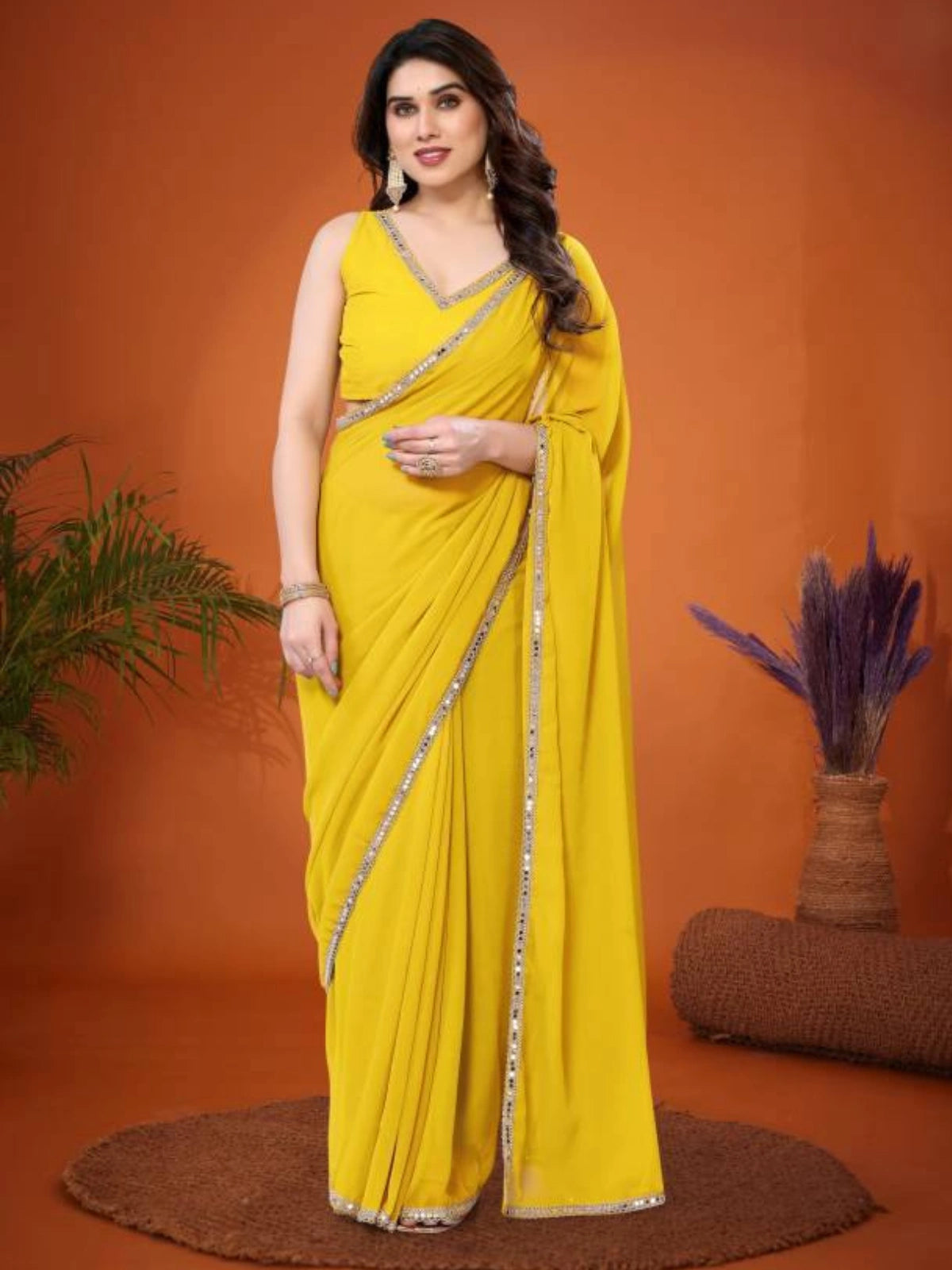 Bollywood Inspired Georgette Yellow Saree with Stylish Border-67742512054353