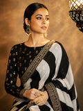 Parineeti Inspired Black & White Striped Printed Georgette Saree