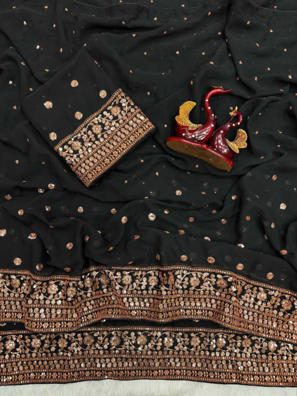 Bollywood Inspired Soft Georgette Black and Copper Gold Saree with Beautiful Sequins Work-70392746410065
