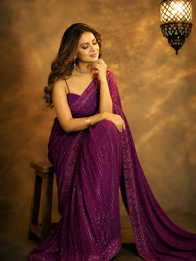 Bollywood Inspired Heavy Georgette Sequins Embroidery Purple Saree-71930840219729