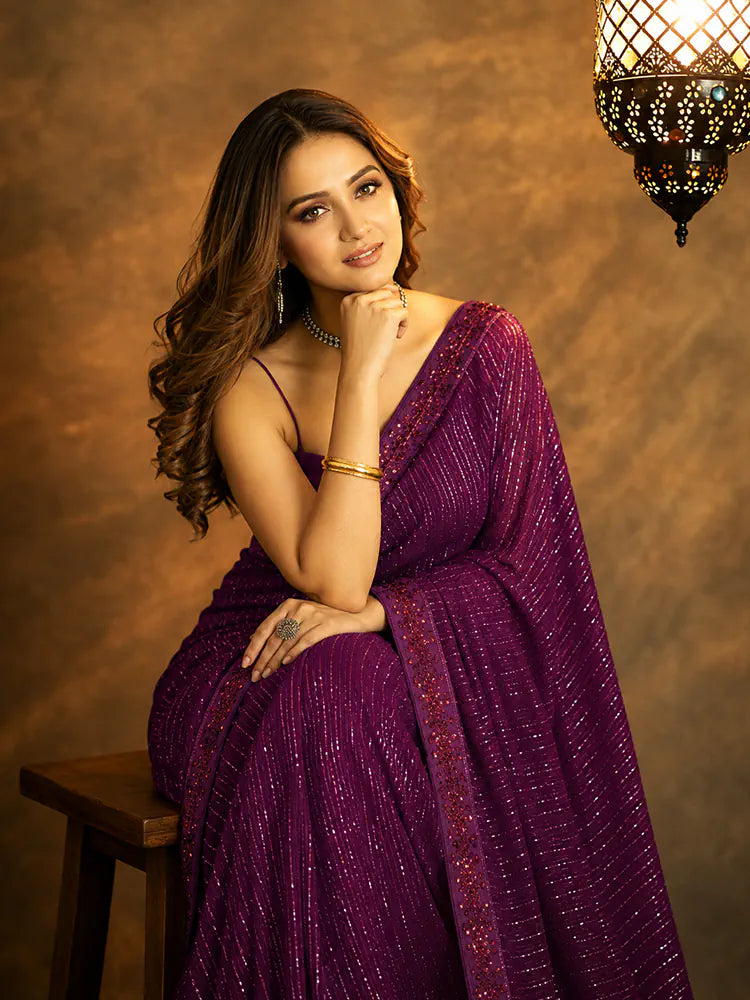 Bollywood Inspired Heavy Georgette Sequins Embroidery Purple Saree-71930840252497