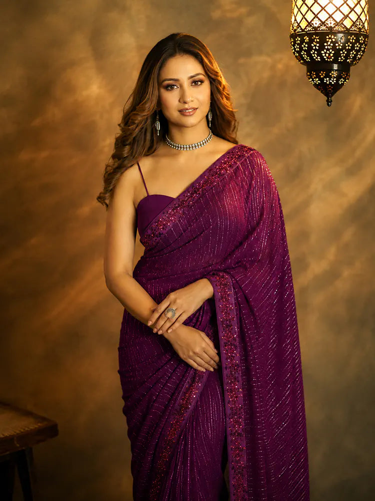 Bollywood Inspired Heavy Georgette Sequins Embroidery Purple Saree-71930840186961