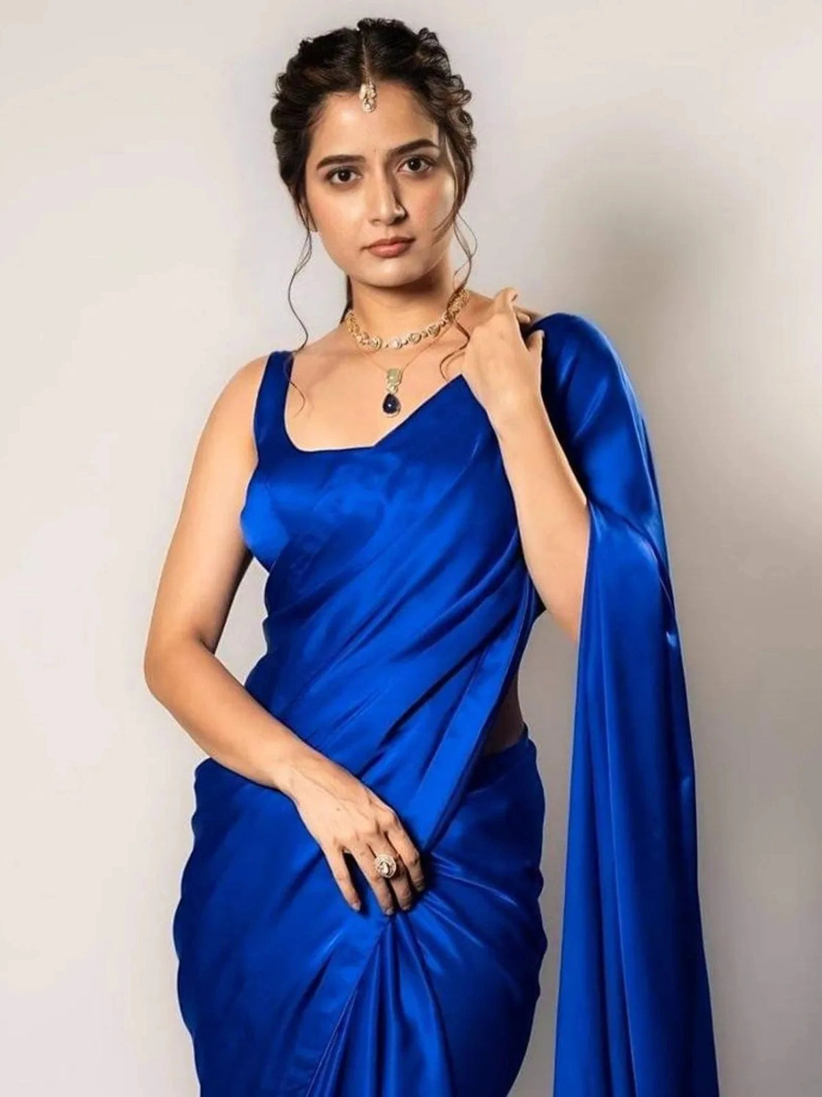 Bollywood Style Royal Blue Satin Saree with Unstitched Matching Blouse Piece-67774215848017