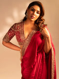 Samyuktha Inspired Red Saree with Golden Embroidery and Matching Designer Blouse Piece