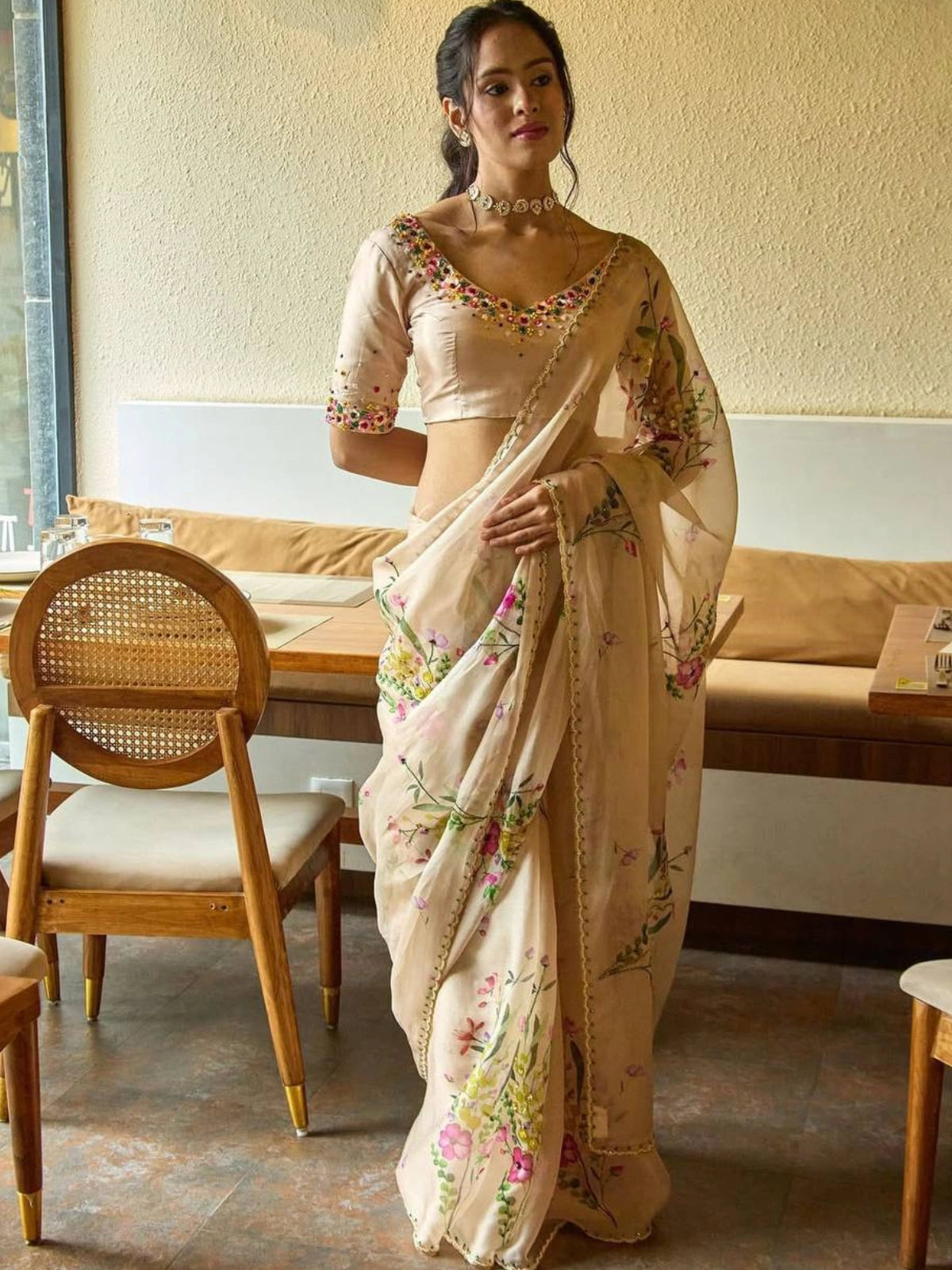 Bollywood Inspired Floral Print Soft Tabby Silk Saree with Decorative Bead & Sequin Border-67830384885841