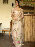 Bollywood Inspired Floral Print Soft Tabby Silk Saree with Decorative Bead & Sequin Border