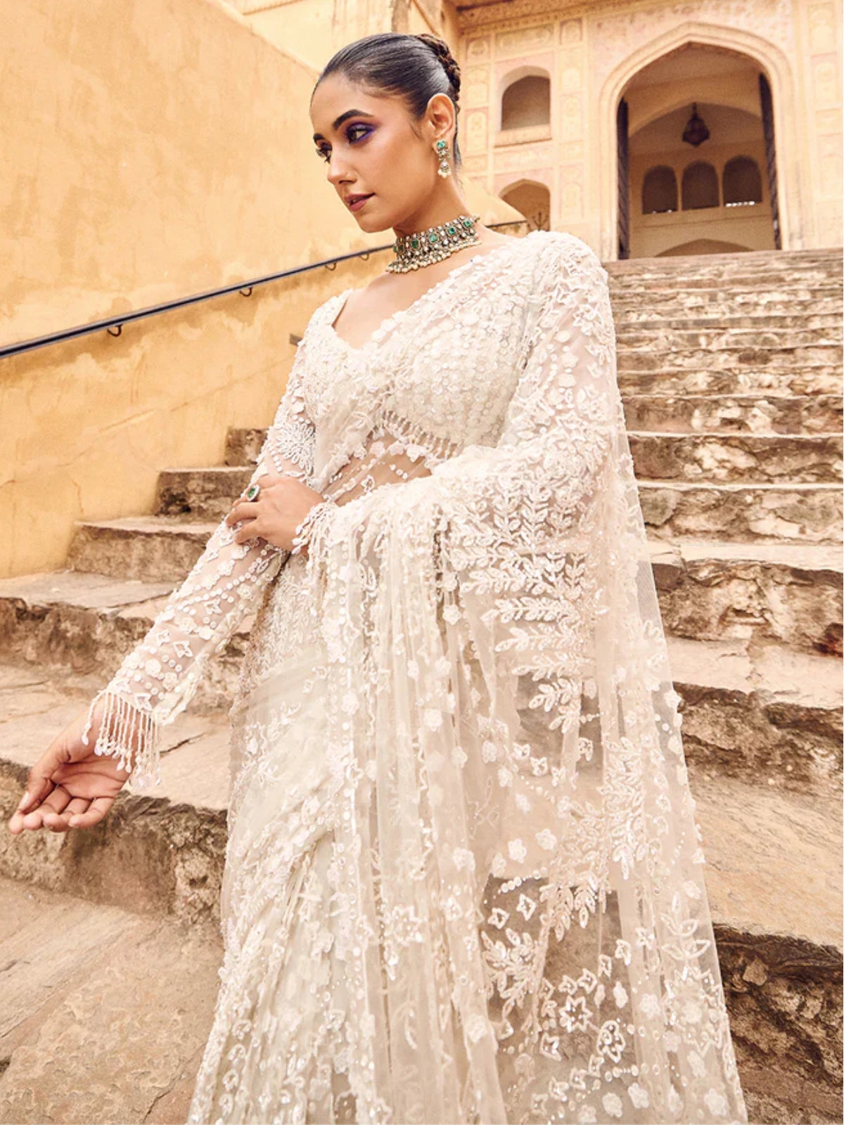 Bollywood Inspired Designer Fancy White Net Saree-70480797696081