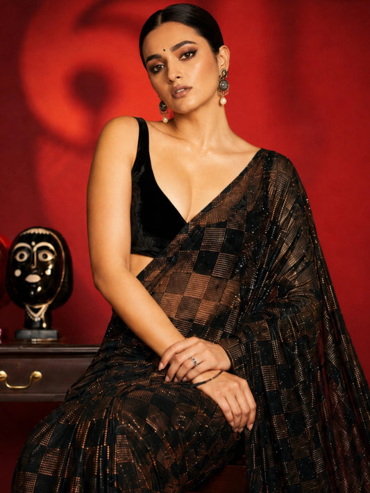 Sanya Inspired Heavy Faux Georgette Full Sequins Black Saree-71851364483153