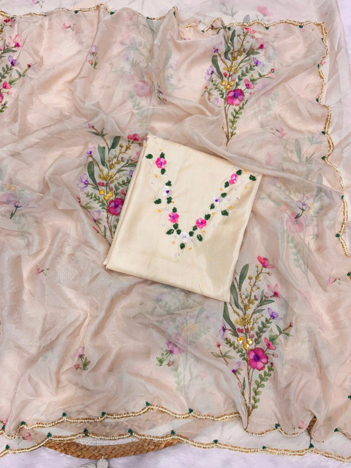 Bollywood Inspired Floral Print Soft Tabby Silk Saree with Decorative Bead & Sequin Border-67830385049681