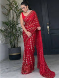 Bollywood Inspired Metallic Red Georgette Saree with Sequins