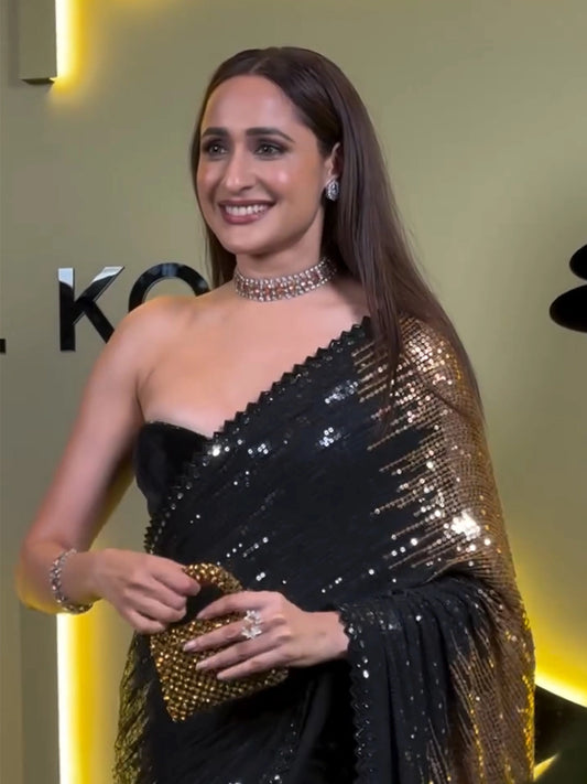 Pragya Inspired Black and Gold Sequin Saree