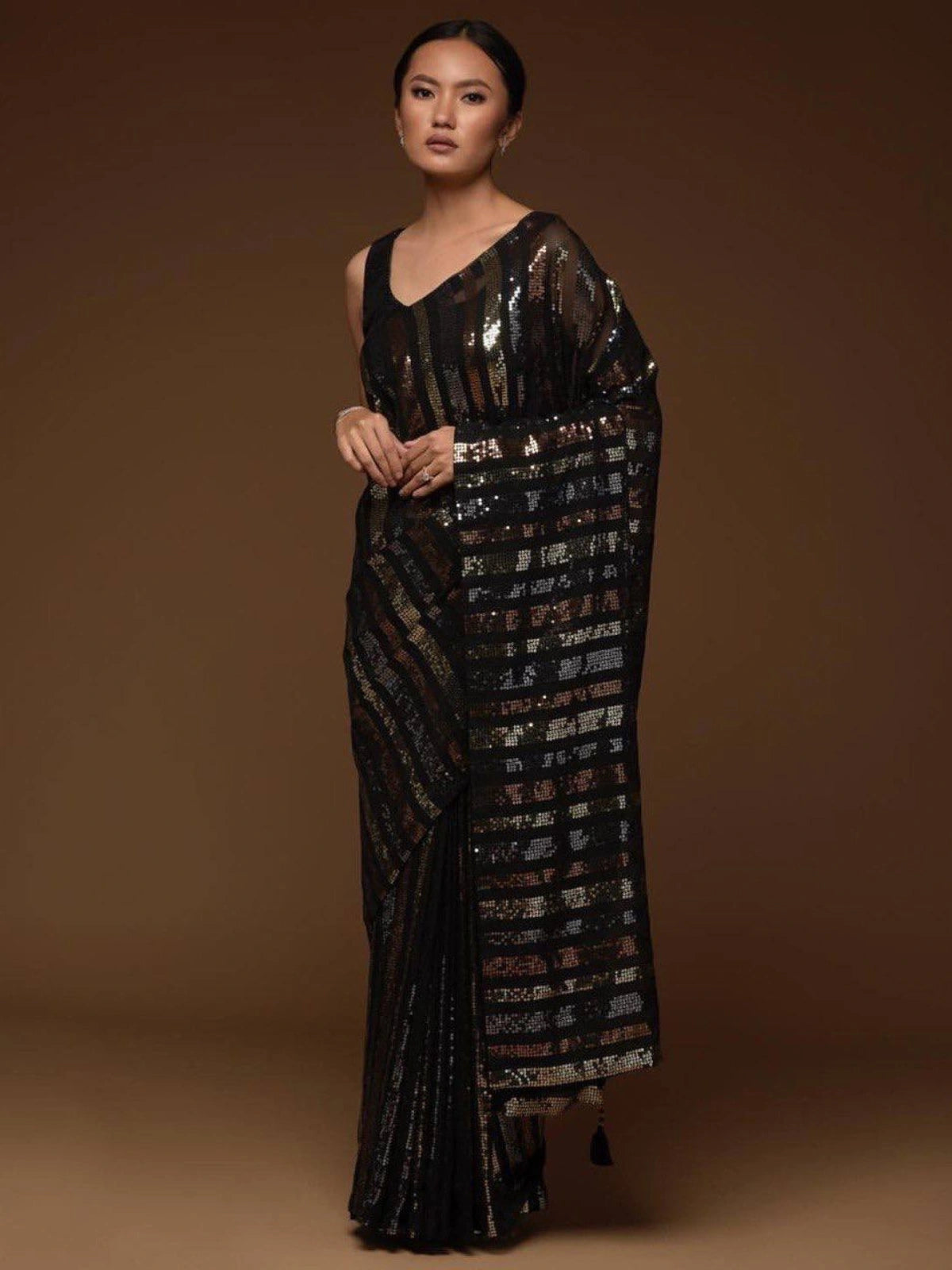 Bollywood-Inspired Black Sequin Saree with Metallic Stripes-67246690074705