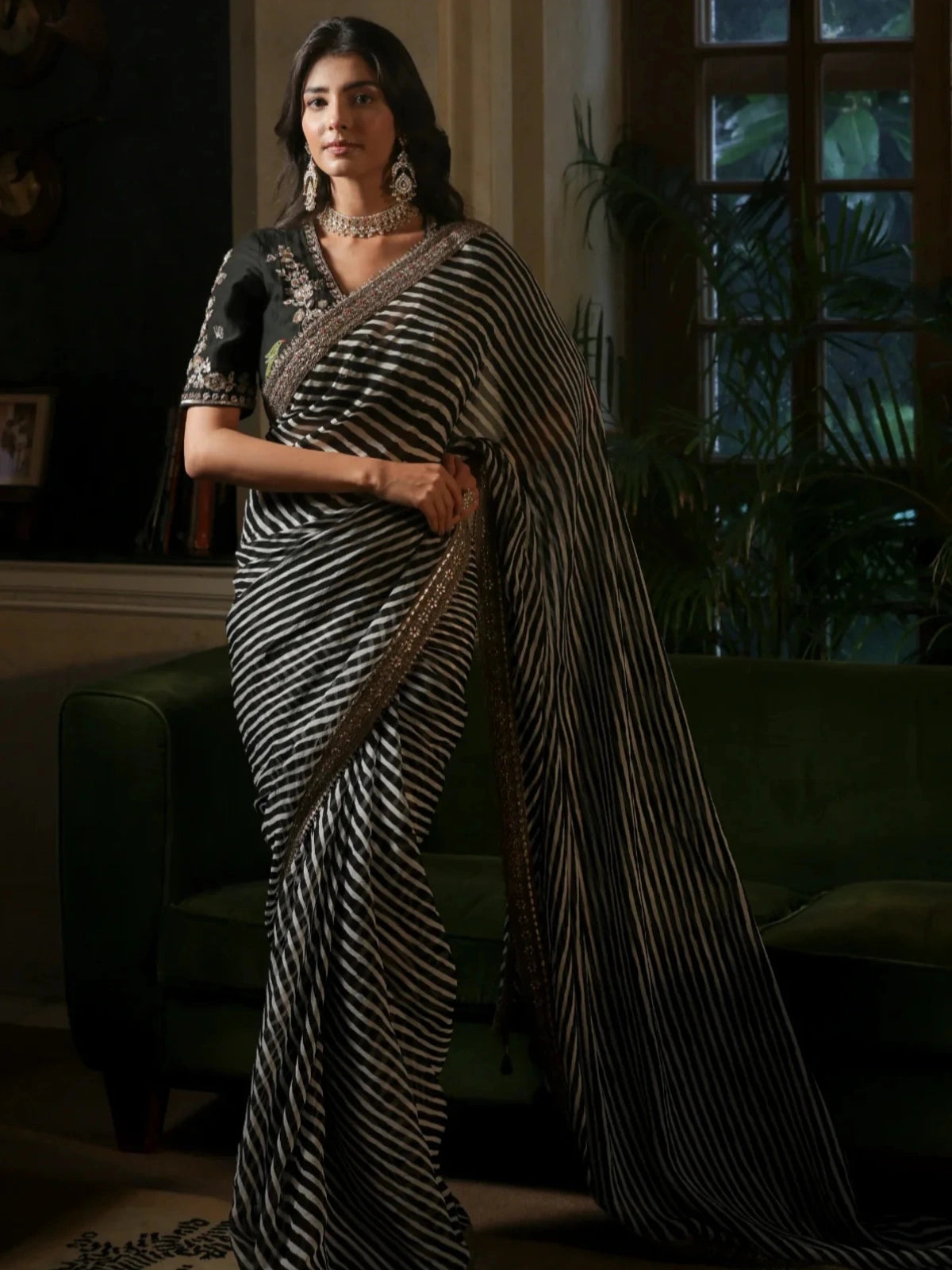 Bollywood Inspired Soft Georgette Leriya Print Black Saree with Sequins Embroidery-70605351845969