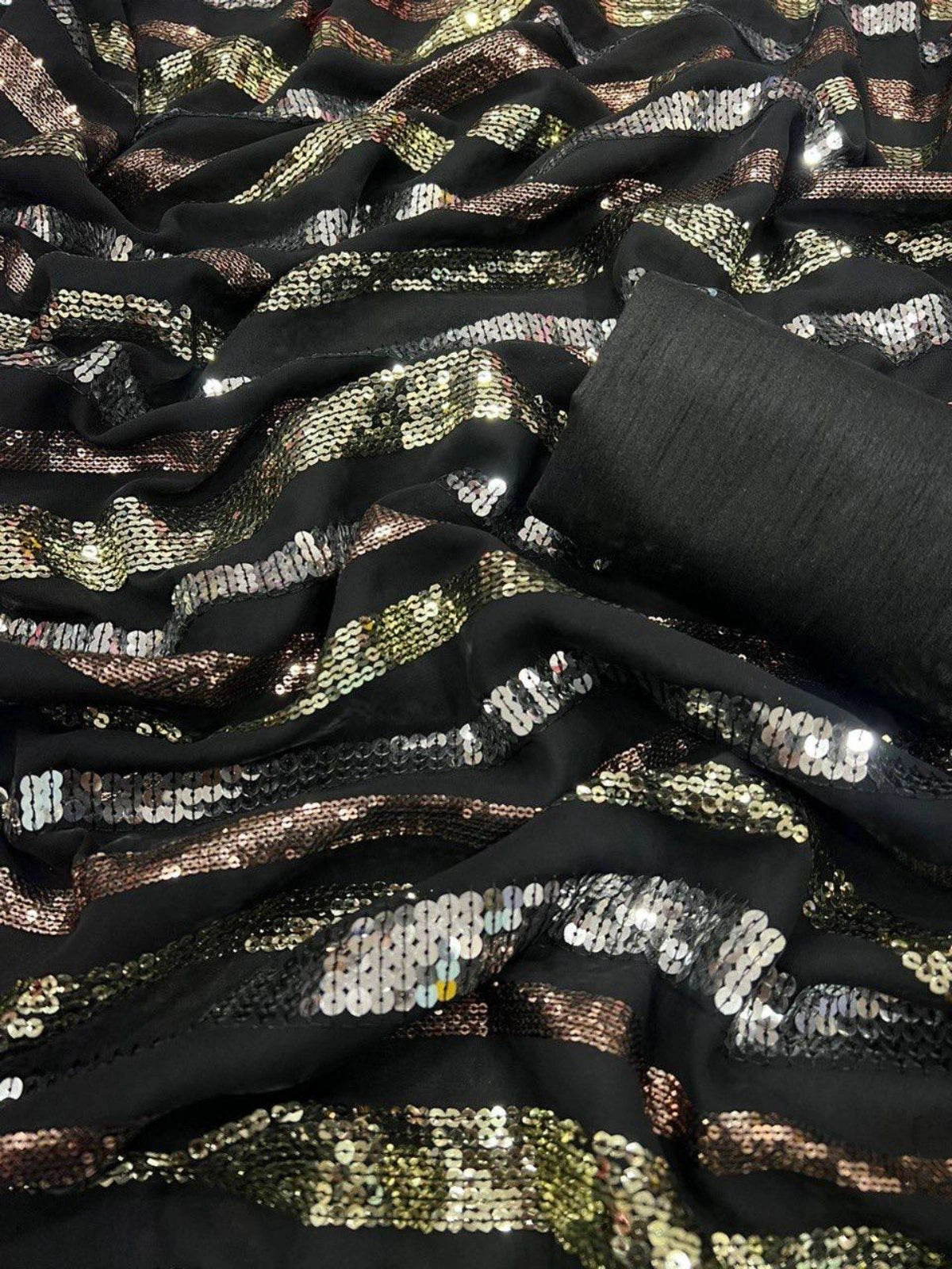 Bollywood-Inspired Black Sequin Saree with Metallic Stripes-67246690140241