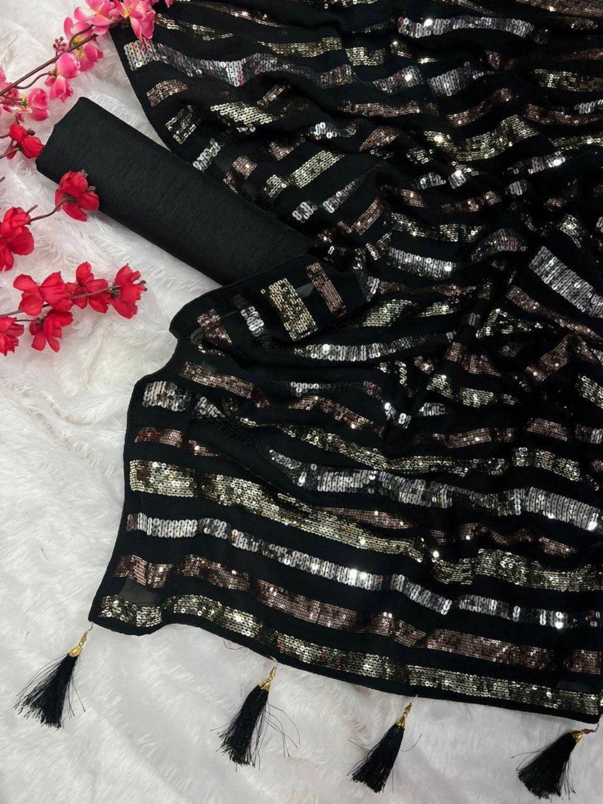 Bollywood-Inspired Black Sequin Saree with Metallic Stripes-67246690173009