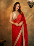 Bollywood Inspired Pure Silk Red Satin Tissue Saree with Embroidered Work