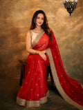 Bollywood Inspired Pure Silk Red Satin Tissue Saree with Embroidered Work