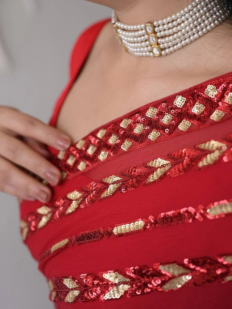 Bollywood Inspired Metallic Red Georgette Saree with Sequins-72117095465041