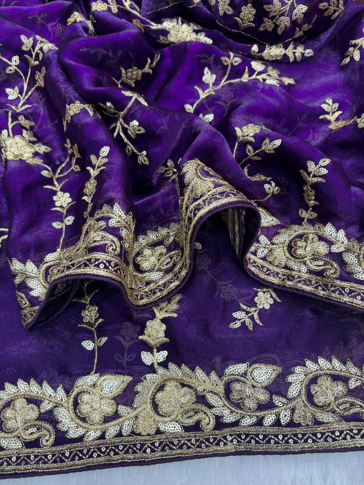 Bollywood-Inspired Purple Saree with Rich Gold Work-67830293725265