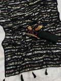 Bollywood-Inspired Black Sequin Saree with Metallic Stripes