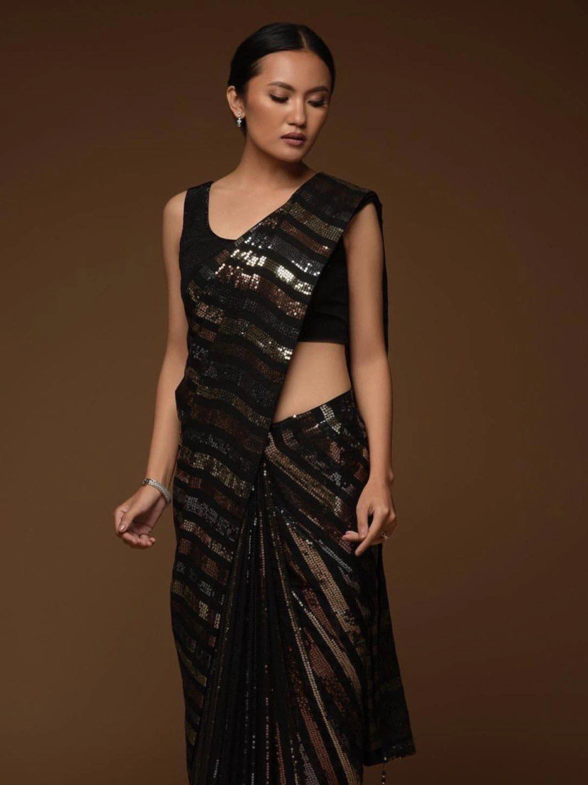 Bollywood-Inspired Black Sequin Saree with Metallic Stripes-67246690238545
