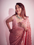 Madhuri Inspired Pink Saree with Embroidery and Sequin Detailing