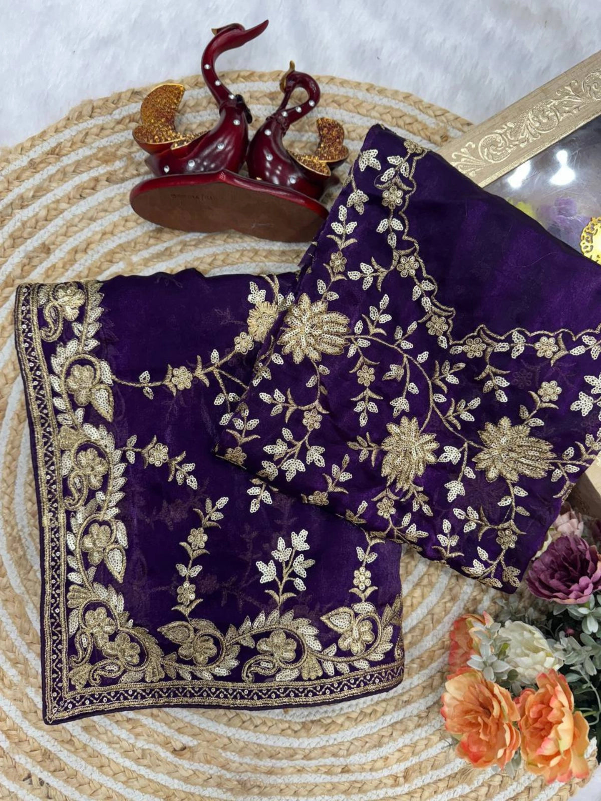 Bollywood-Inspired Purple Saree with Rich Gold Work-67830293758033