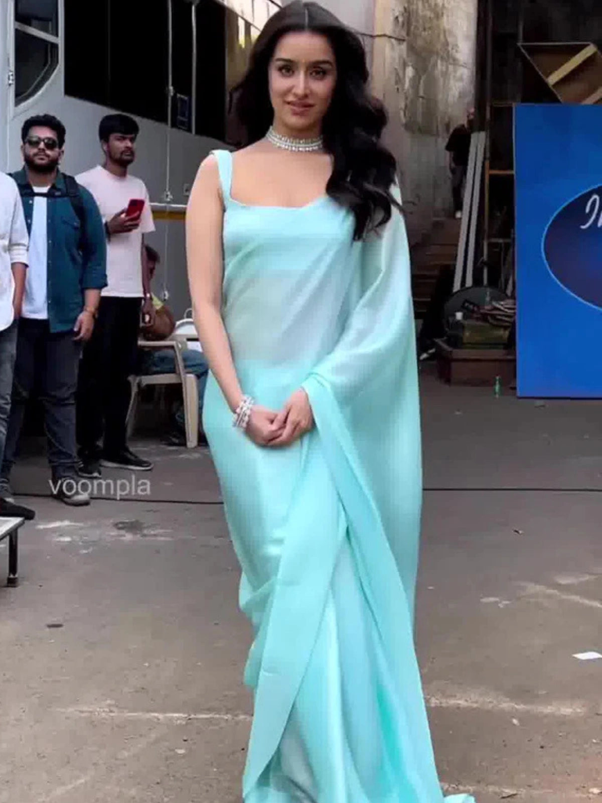 Bollywood Style Sky Blue Satin Saree with Unstitched Matching Blouse Piece-67774309269585