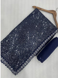 Trisha Inspired Blue & Silver Sequin Work Georgette Saree with Cutwork Lace