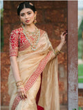 Bollywood-Inspired Soft Tissue Organza Saree with Gold Dori Work and Contrast Blouse