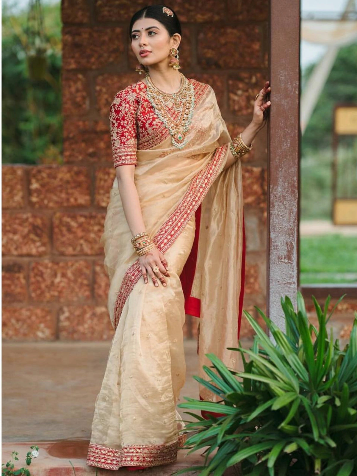 Bollywood-Inspired Soft Tissue Organza Saree with Gold Dori Work and Contrast Blouse-67889538760785