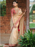Bollywood-Inspired Soft Tissue Organza Saree with Gold Dori Work and Contrast Blouse