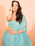 Bollywood Style Sky Blue Satin Saree with Unstitched Matching Blouse Piece