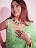Madhuri Inspired Pista Green Saree with Embroidery and Sequin Detailing