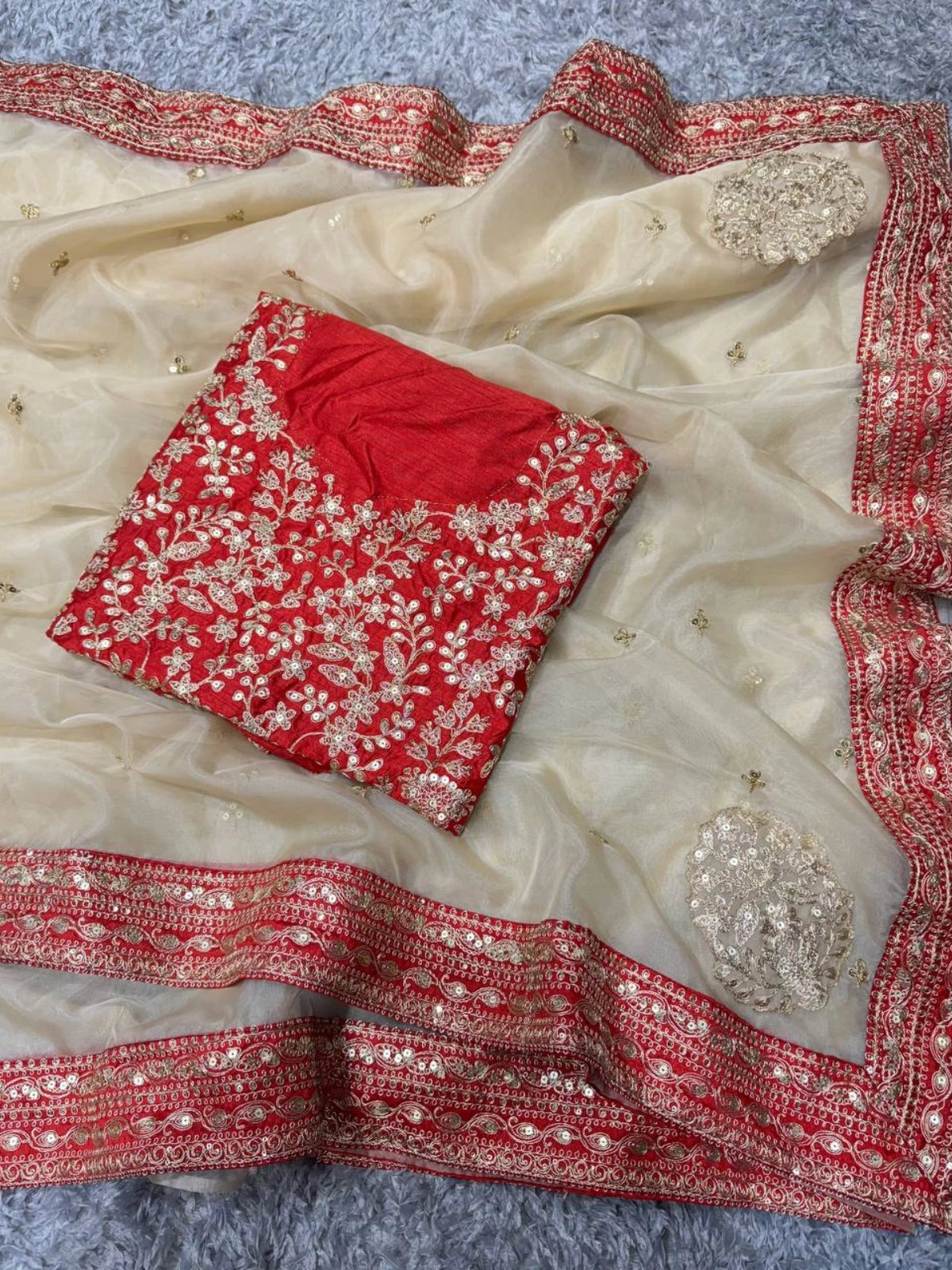 Bollywood-Inspired Soft Tissue Organza Saree with Gold Dori Work and Contrast Blouse-67889538924625