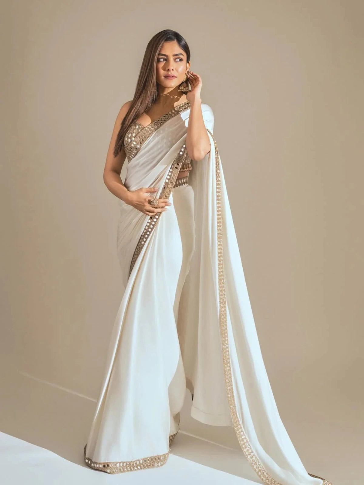 Mrunal Inspired White Saree with Original Mirror Work and Embroidery-71177420472401