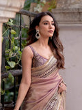 Surabhi Inspired Onion Pink Saree with Gold and Brown Embroidered Borders