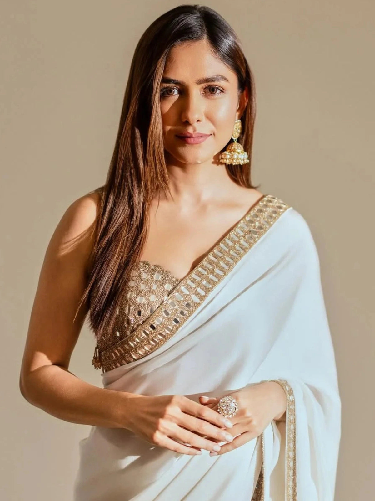Mrunal Inspired White Saree with Original Mirror Work and Embroidery-71177420505169