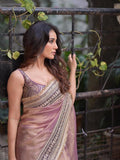 Surabhi Inspired Onion Pink Saree with Gold and Brown Embroidered Borders