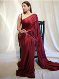 Bollywood Style Maroon Satin Saree with Unstitched Matching Blouse Piece