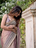 Surabhi Inspired Onion Pink Saree with Gold and Brown Embroidered Borders