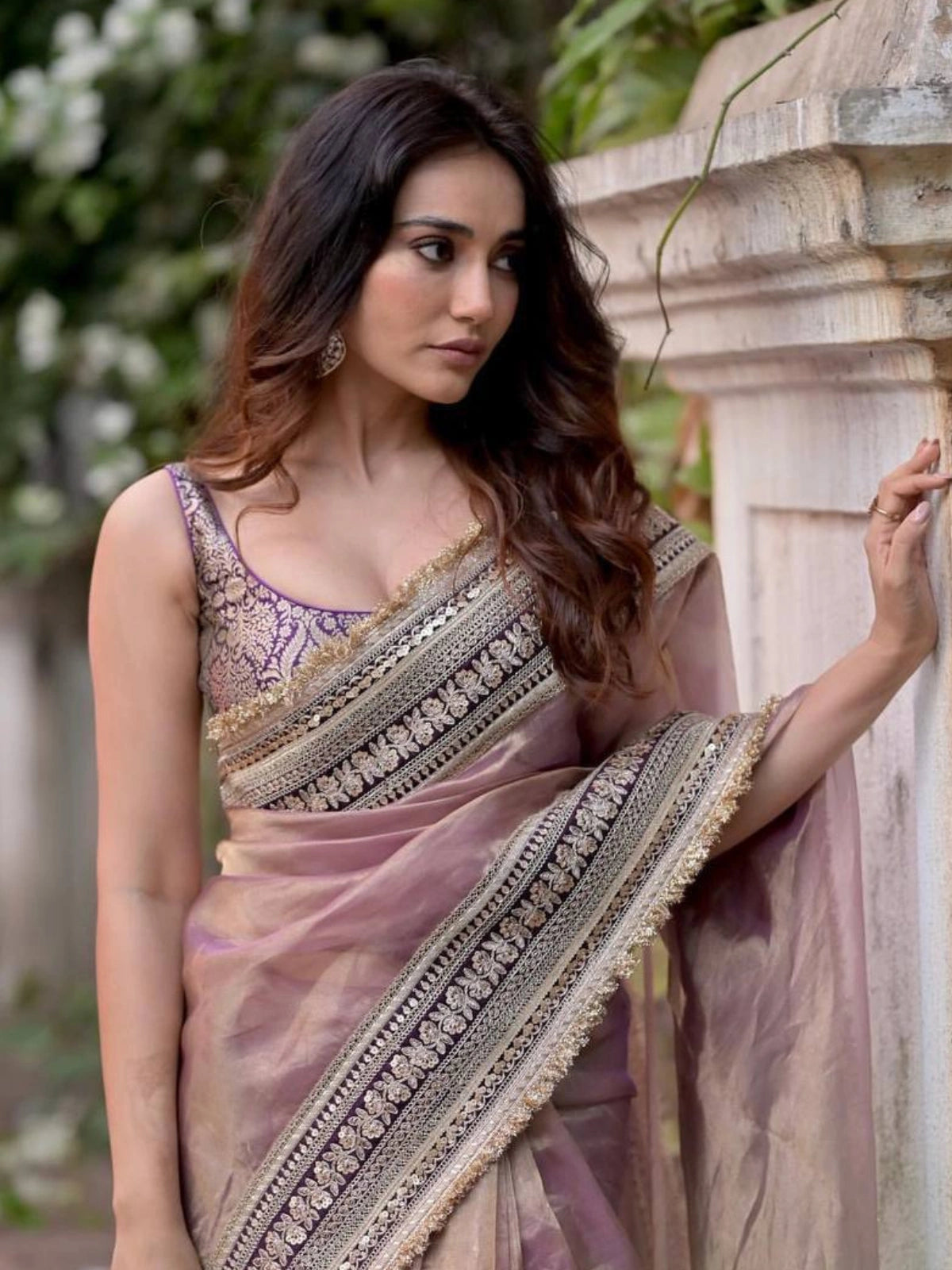 Surabhi Inspired Onion Pink Saree with Gold and Brown Embroidered Borders-67246656061521
