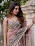 Surabhi Inspired Onion Pink Saree with Gold and Brown Embroidered Borders