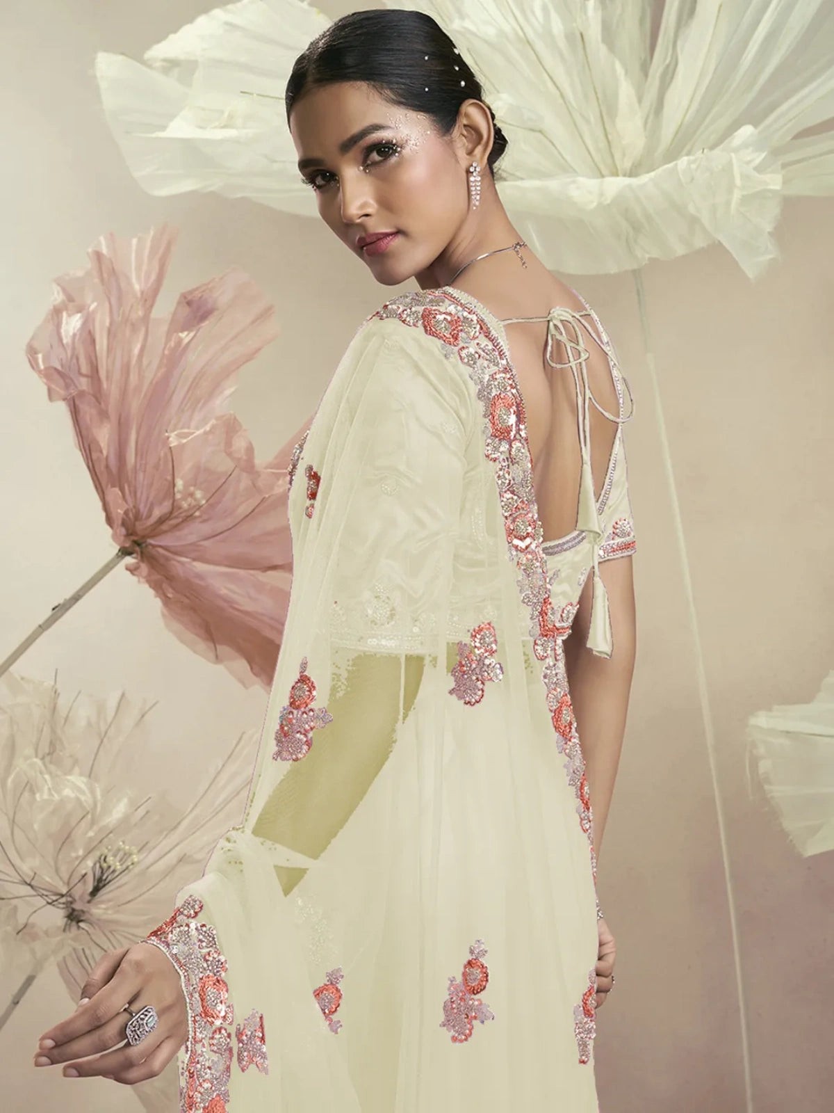 Bollywood-Inspired Cream Net Embellished Saree for Women-67879222771793